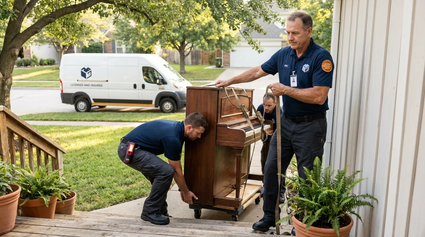 Licensed piano movers securing grand piano in Portsmouth, OH