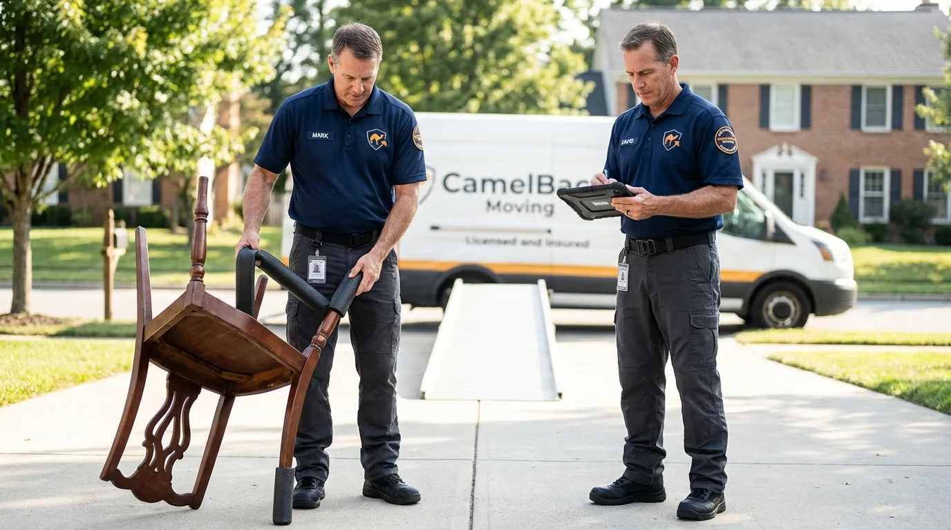 Movers inspecting furniture for damage prevention before loading in Portsmouth, OH