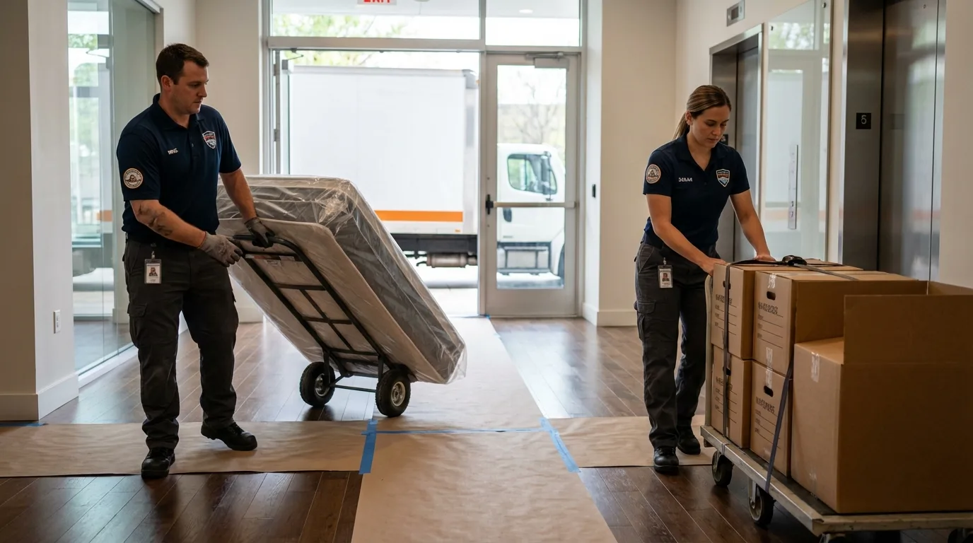 Professional apartment movers loading elevator in Portsmouth, OH